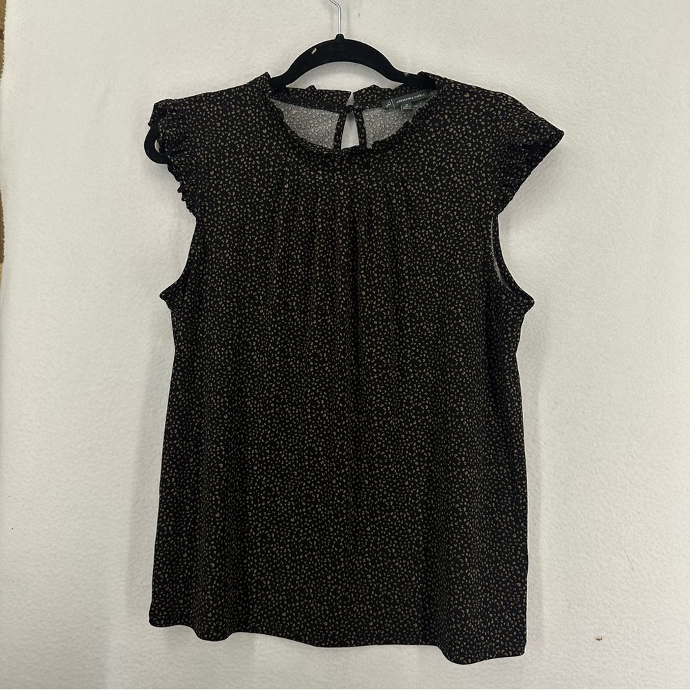 Adrianna Papell Printed High Neck Ruffle Sleeve Blouse Womens Medium Black